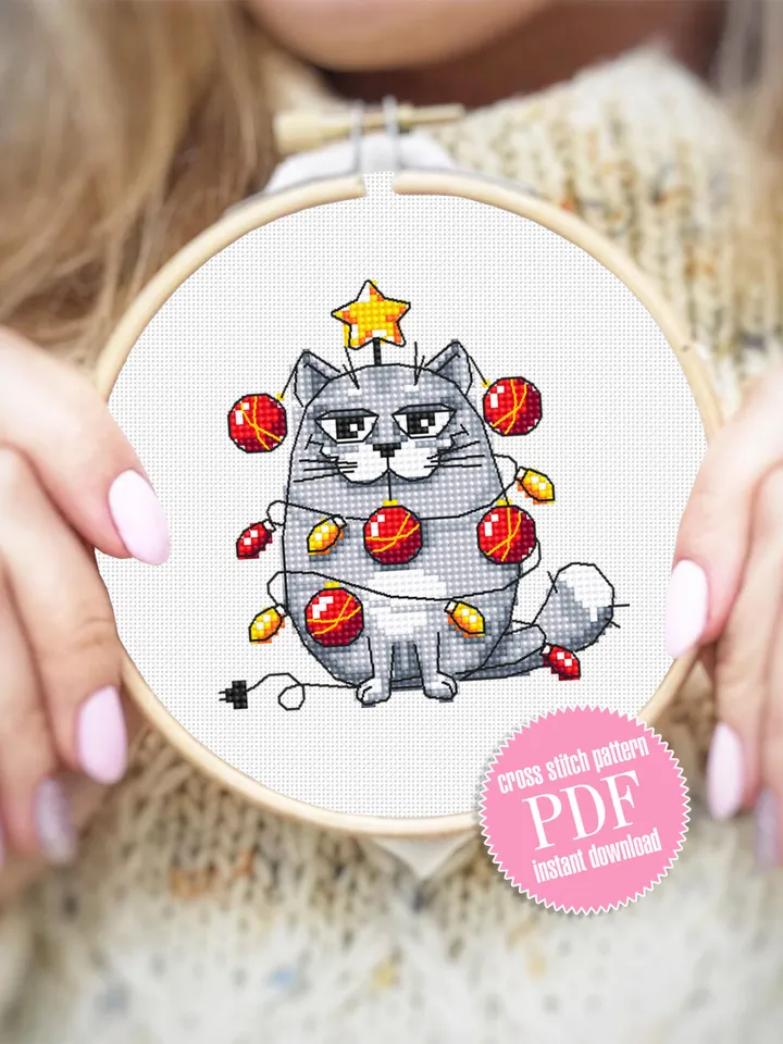 Funny Christmas cat cross stitch pattern PDF download, Small Christmas cross stitch chart, Christmas Lights Cat pattern digital PDF #N139