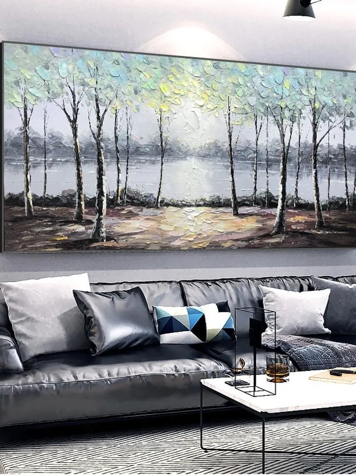 Large original oil painting on canvas,abstract art,riverside scenery,lake, trees,landscape,forest,nature,living room painting,large wall art