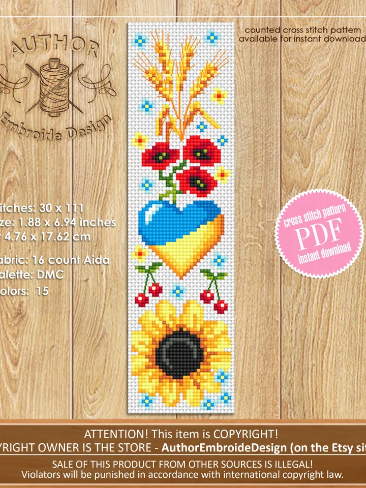 Ukraine bookmark cross stitch pattern PDF download Folk Symbols of Ukraine cross stitch chart, Handmade bookmark digital PDF Sunflower #B208