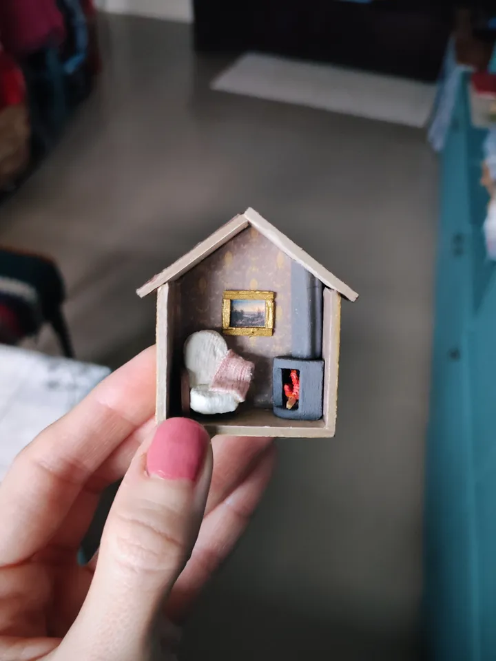 Micro Hall with Fireplace Miniature Doll House With Furniture scale 1/100