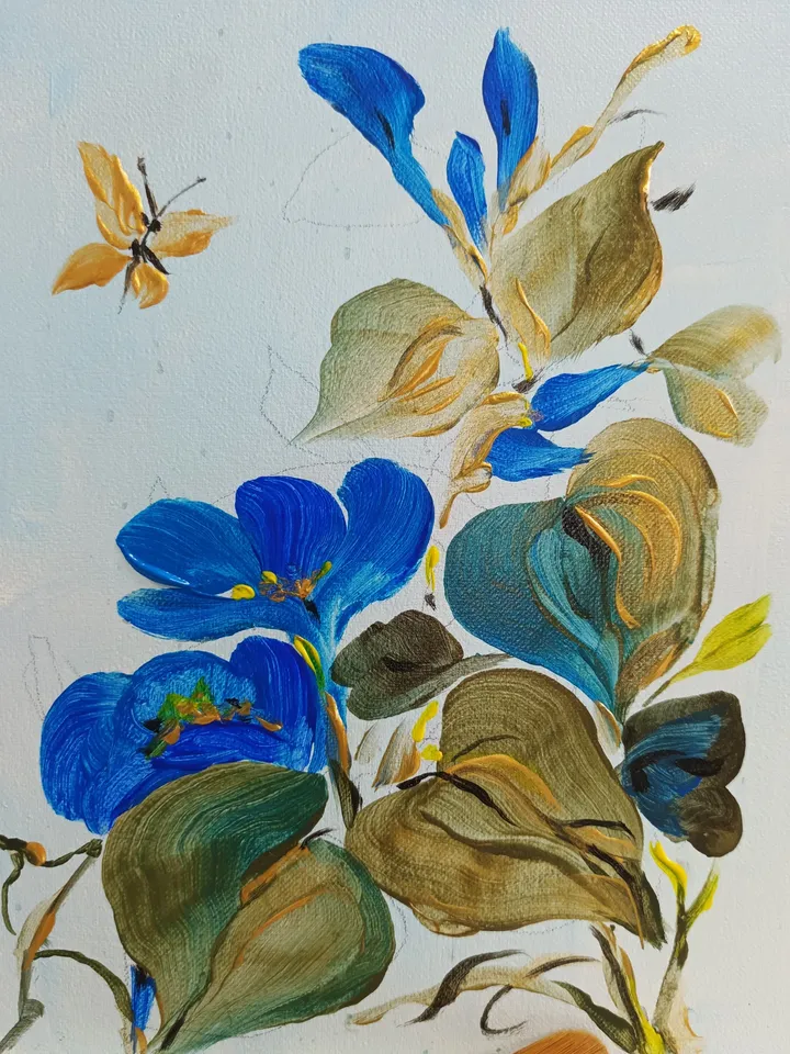 Painting "Butterfly and bindweed." Painting on cardboard 6"x 8". Acrylic. Author's painting.