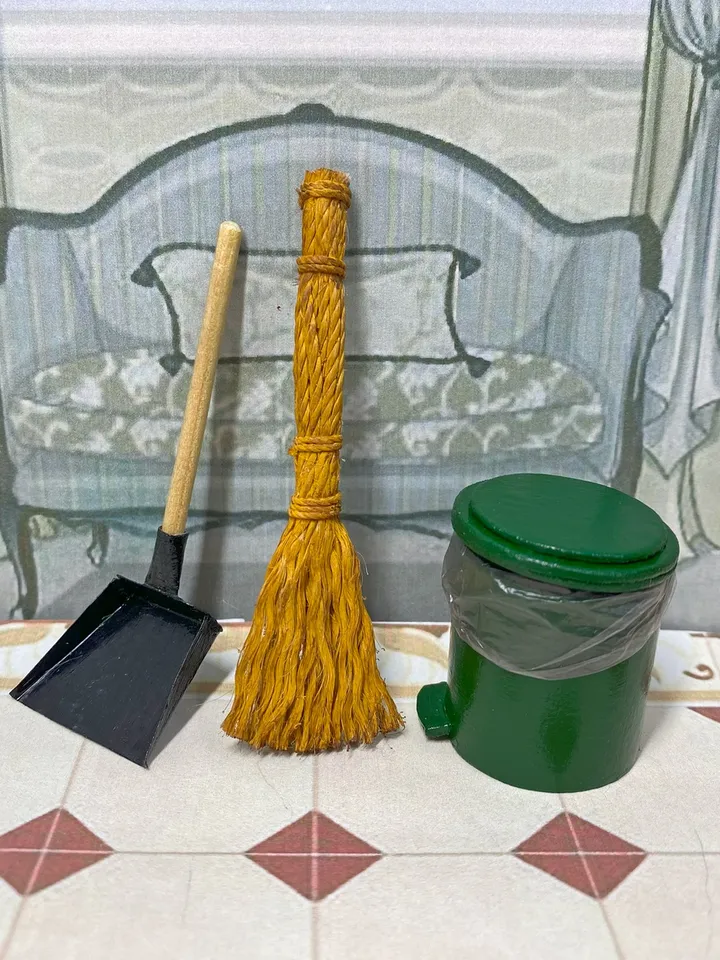 Household set for a dollhouse. Doll accessories, Broom, scoop, bucket.1:12