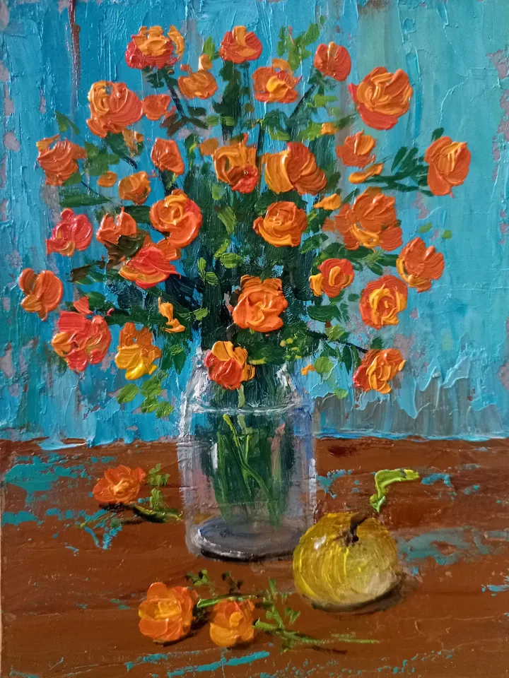 Original handmade Diptych paintings bright flowers in a vase still lifes in country style art home decor vibrant colorful art pair painting