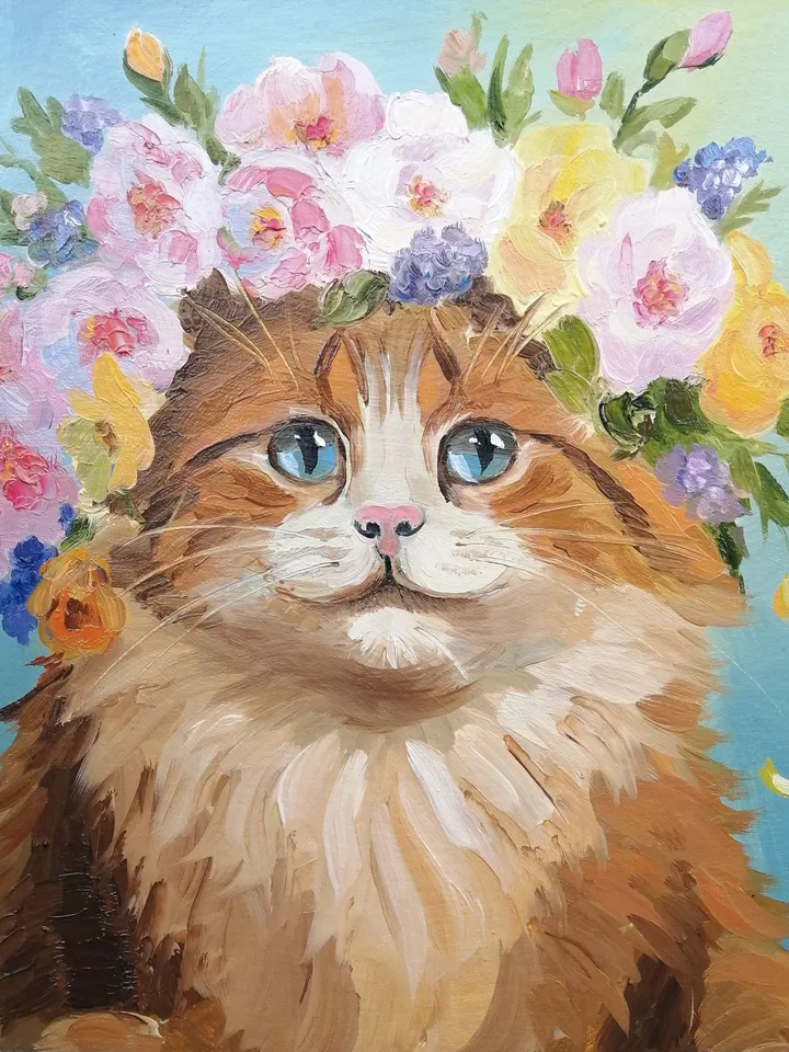 Cat Portrait Original Oil Painting Cat in Flowers Square Artwork