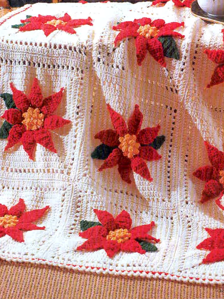 Christmas Poinsettia Afghan & Pillows Vintage Crochet Pattern 257 PDF