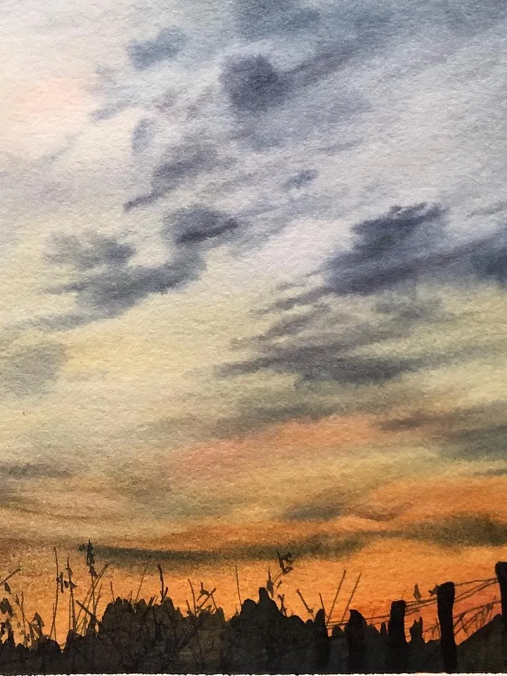 Sunset Original Painting Watercolor Landscape Sunrise Cloud Wall Art