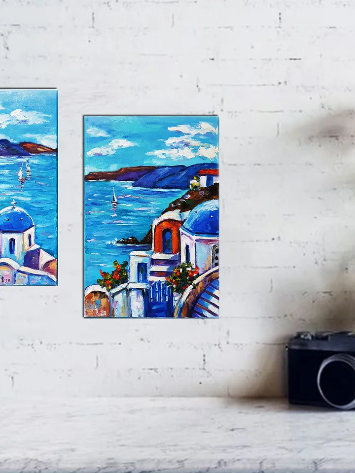 Santorini sailboats at sea oil painting diptych