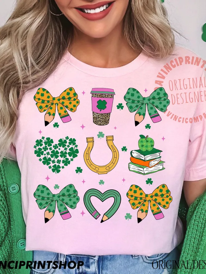 Teacher St Patrick Coquette Pencil Bow png, St Patricks Teacher png, Retro Teacher Gift, Teacher St patricks Shirt design, Teacher png file