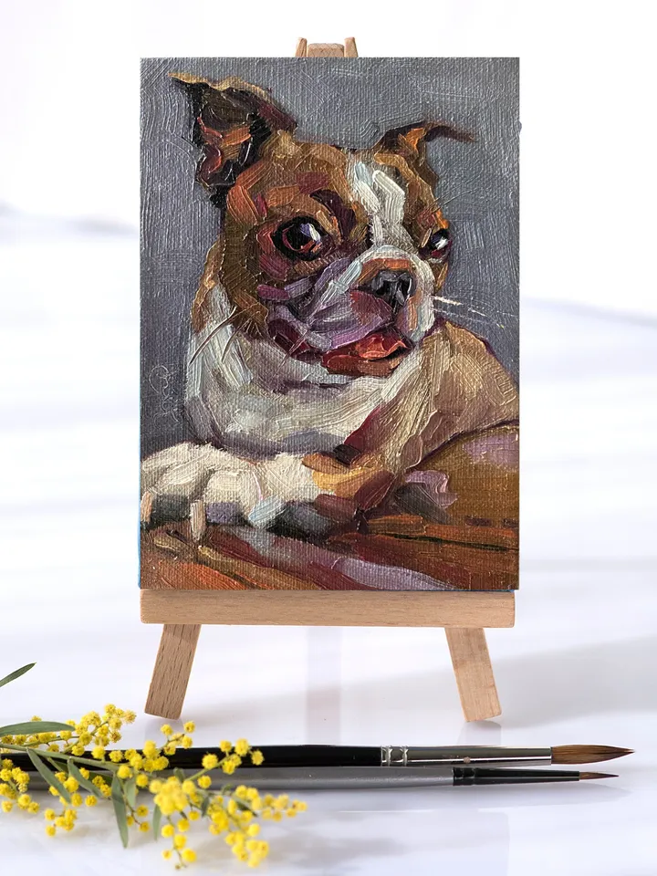 Dog oil painting original, Pet portrait artwork, Animal miniature wall art 4x6