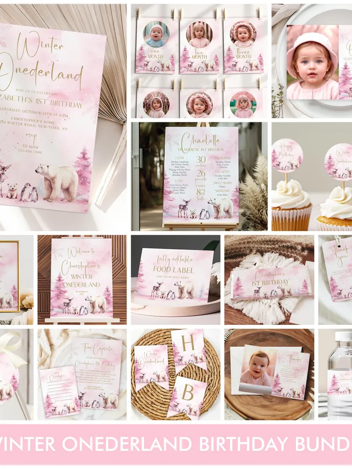Winter Onederland First Birthday Bundle 1st Birthday Invitation Winter Onederland Girl Decorations, Polar Bear Arctic Animals, EDITABLE i123