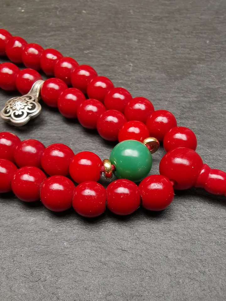 Gandhanra Old Tibeatan Red Glass Mala,8mm Prayer Beads with Turquoise Beads Silver Dzi Bead
