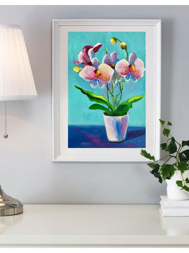 Orchid painting, original flower oil painting, pink floral art