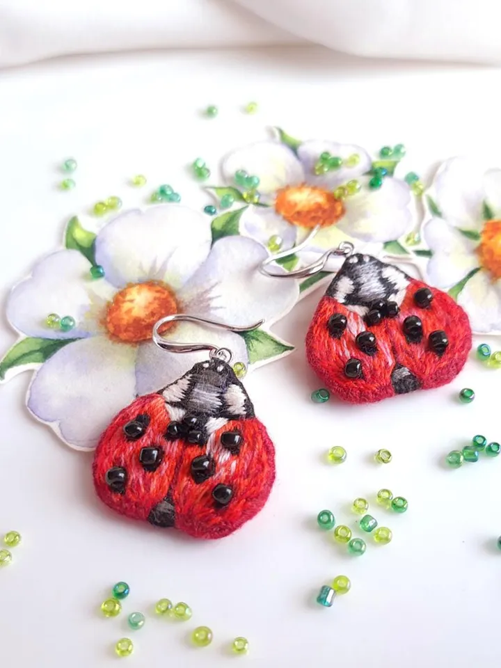 Ladybug Earrings Embroidery Handcrafted Funny Jewelry Artisan Earrings Quirky Accessory Party Boho Design Fiesta Folk Art Celebration Decor