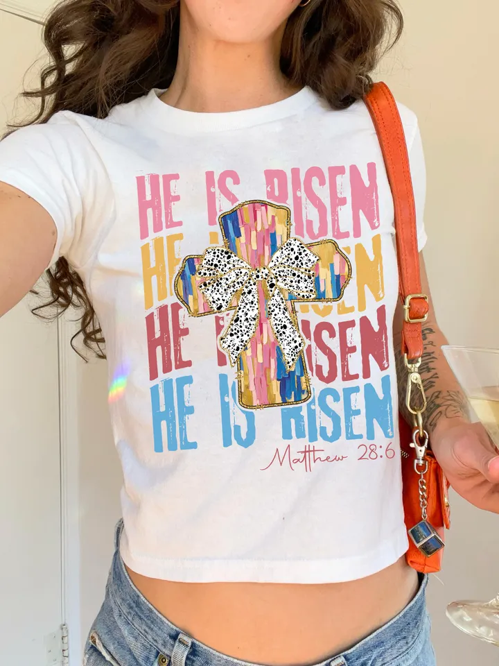 He is Risen png, Christian Easter Png, Matthew 28:6, Easter bible verse png, Risen png, Glitter Easter png, Easter coquette png, brushstroke