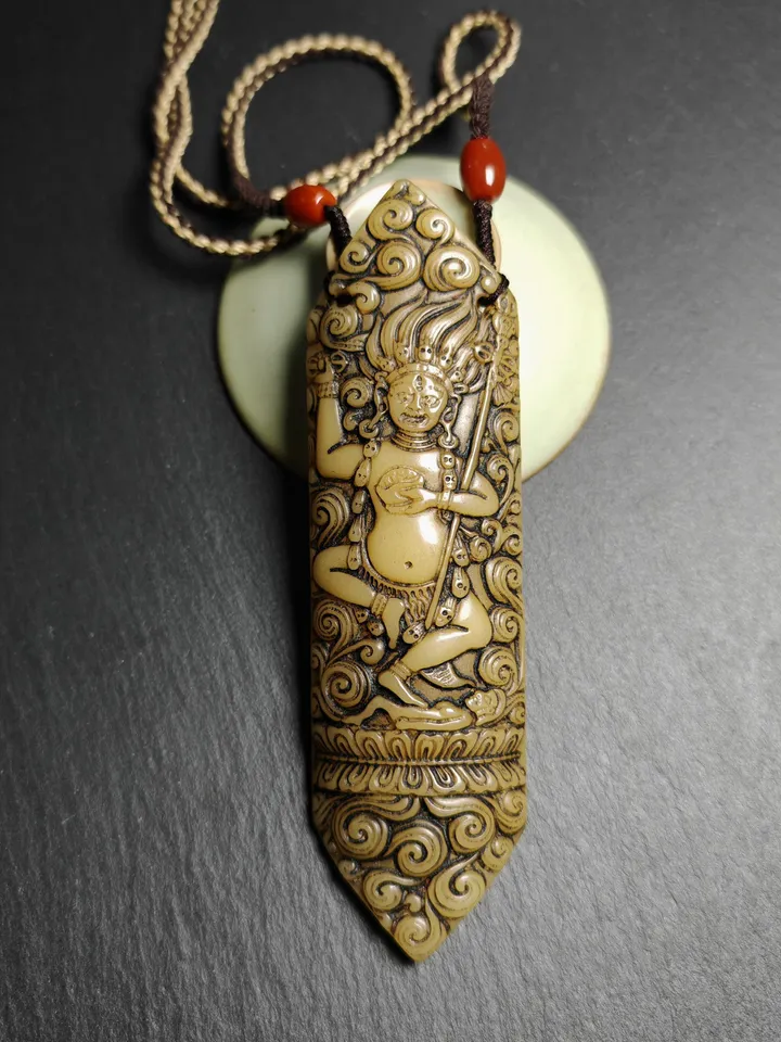 Gandhanra Vintage Yak Bone Carved Troma Nagmo Amulet - Tibetan Buddhist Black Dakini Female Deity Pendant