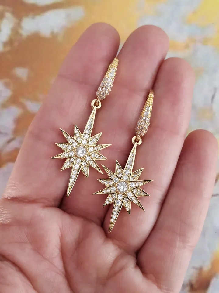 Gold Crystal Star Bridal Earrings | Gold Statement Earrings | Drop Wedding Earrings | Wedding Jewelry | Celestial Jewelry | Bridesmiad Gift