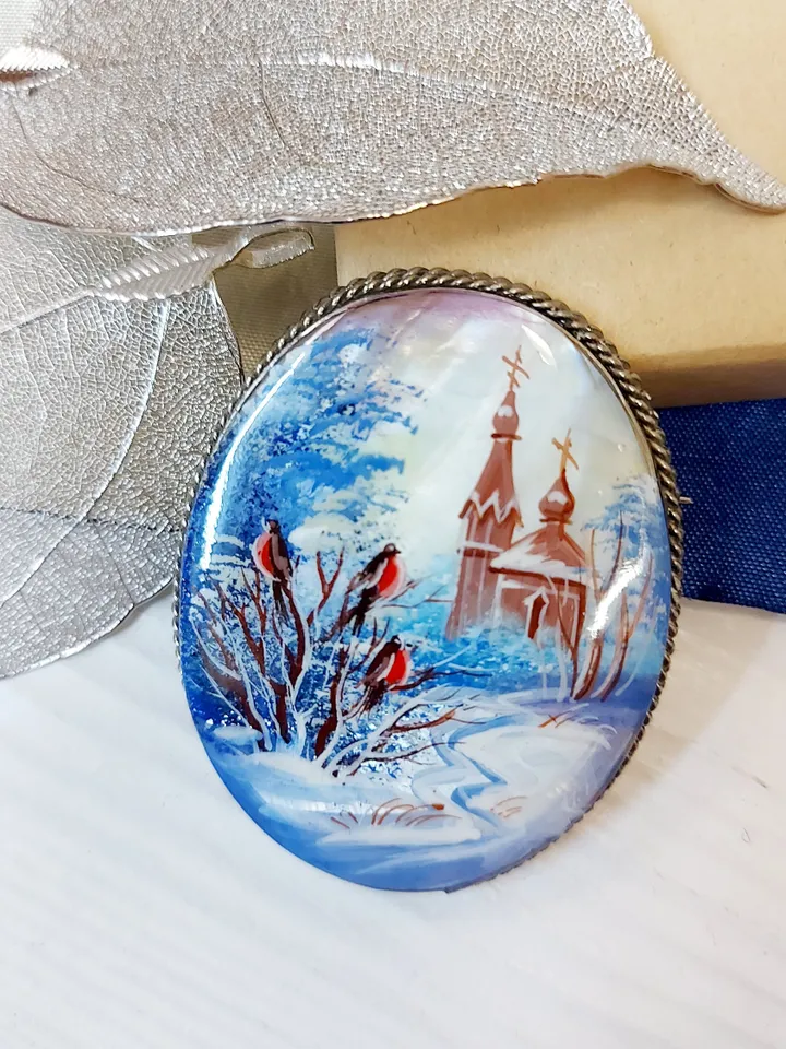 Brooches for women: Church and bullfinches in winter village on hand painted brooch • unique pearl lacquer pin • trendy brooch for dress