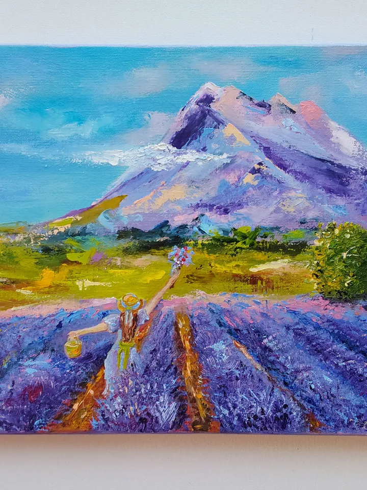 "Landscape. Girl in a lavender field" oil painting on canvas 40x30cm (16x12inch)
