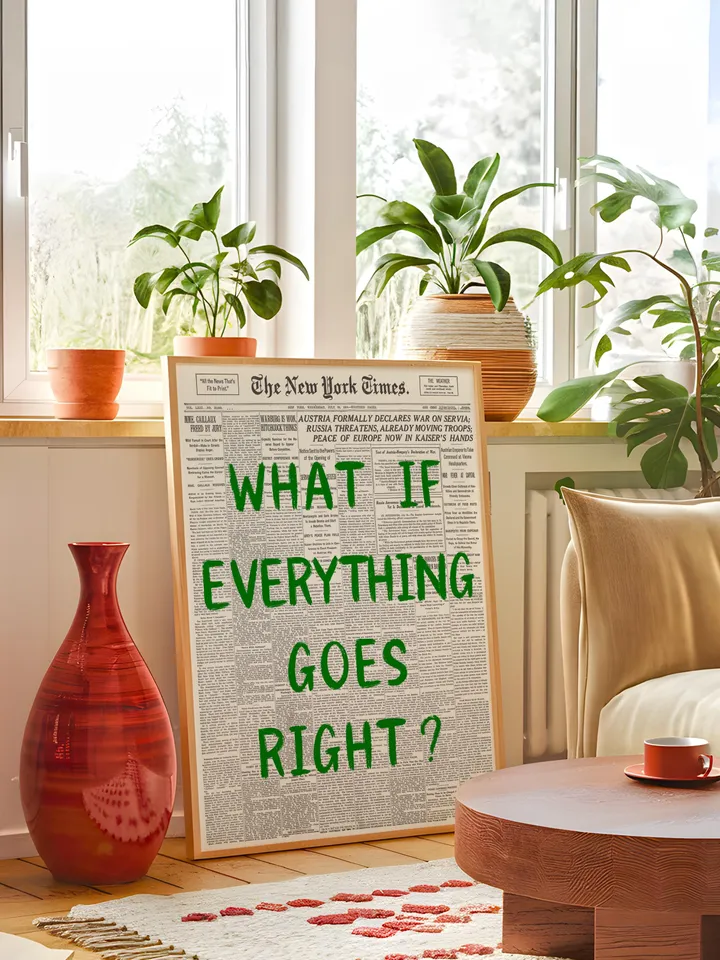 What If everything goes right Retro Newspaper Print, Trendy Wall Art, Typography Poster, Green Aesthetic, Printable Wall Art, Digital Print