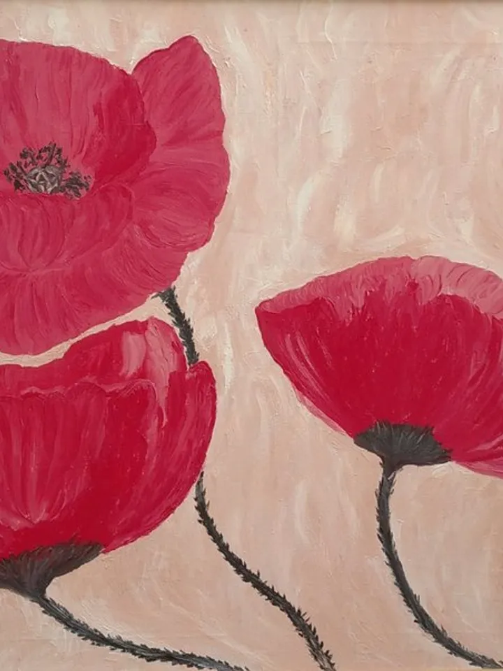 Oil Painting Flowers Red Poppies Original Art Handmade Canvas 28x20 Inch