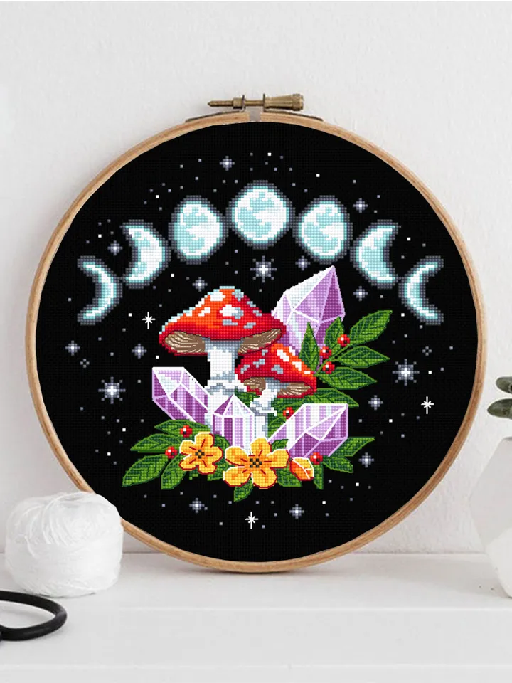 Moon phases cross stitch pattern download PDF Magic mushroom crystal cross stitch chart, Amanita mushroom cross stitch, Starry night #H52