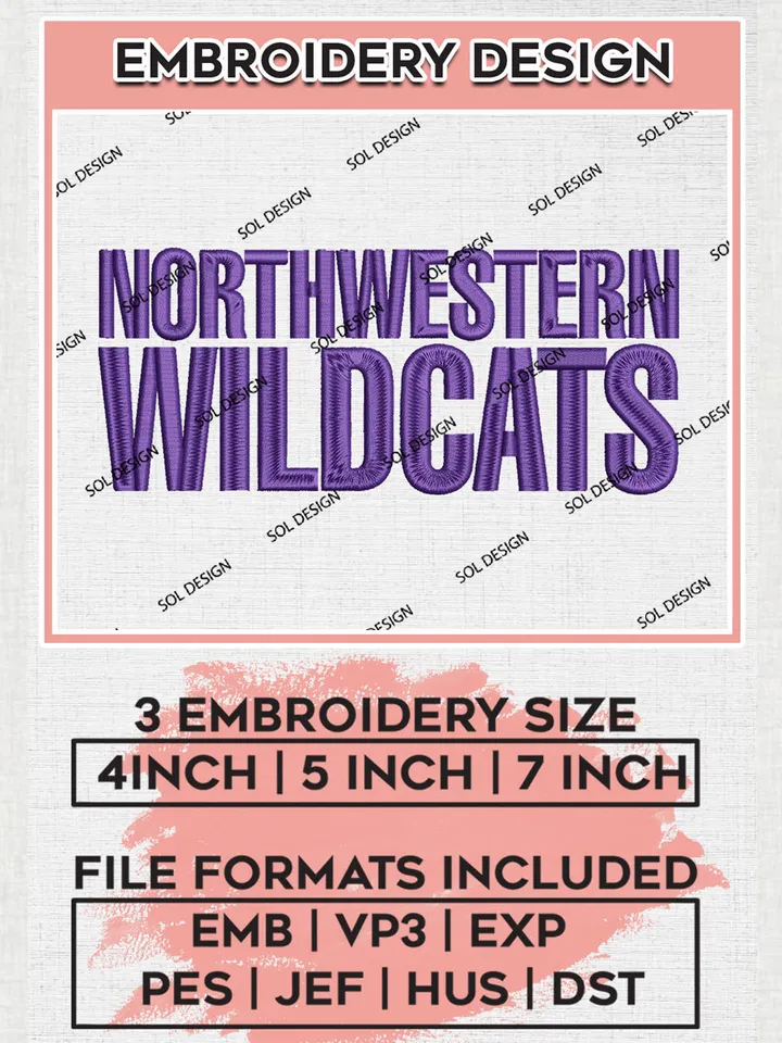 NCAA Northwestern Wildcats Team Writing Logo Embroidery Design Files, NCAA Northwestern Wildcats Machine Embroidery, NCAA Teams, 3 sizes, NCAA Machine embroidery designs, Digital Download