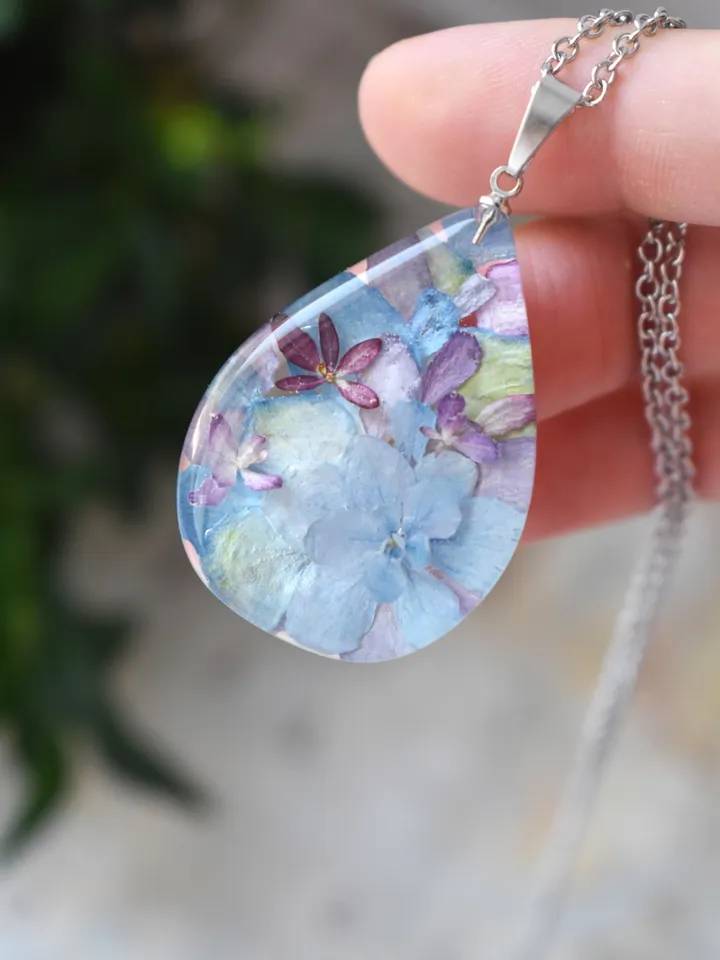 Real hydrangea Pendant. Pendant-drop with real blue hydrangea. Real hydrangea in resin.