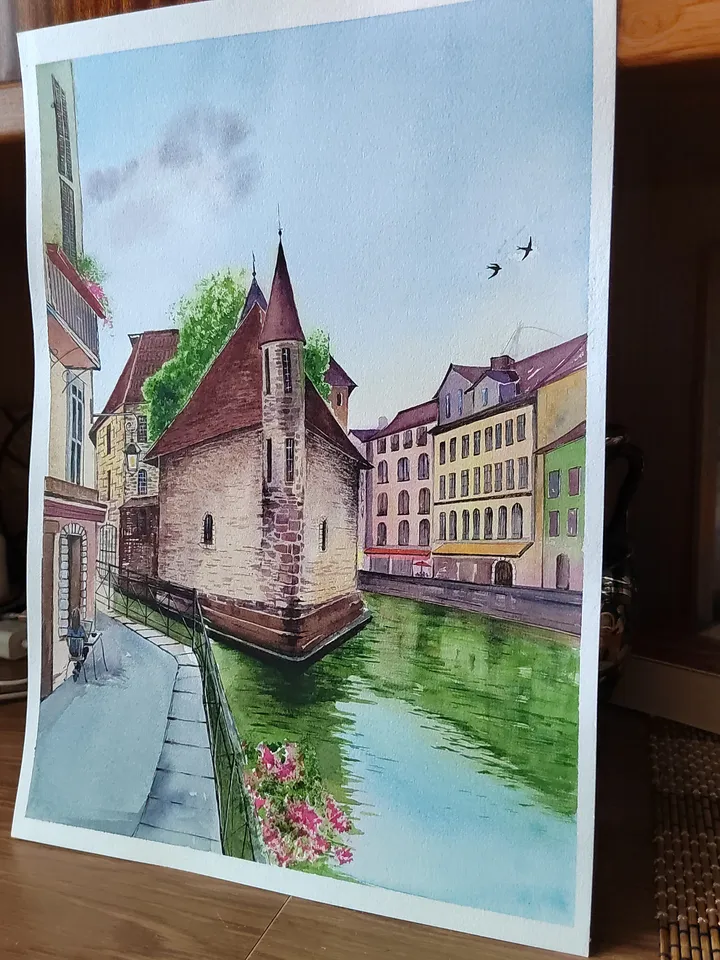 Annecy Town Painting French Cityscape Art Old French Town Artwork Original Watercolor Painting 11.8x15.7 inches by SoftWaves