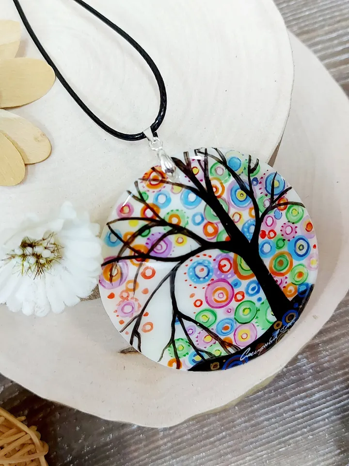 Mother-of-pearl Russian hand-painted necklace The Tree of Happiness Hand paint necklace pendant MOP pendant Hand painted miniature painting