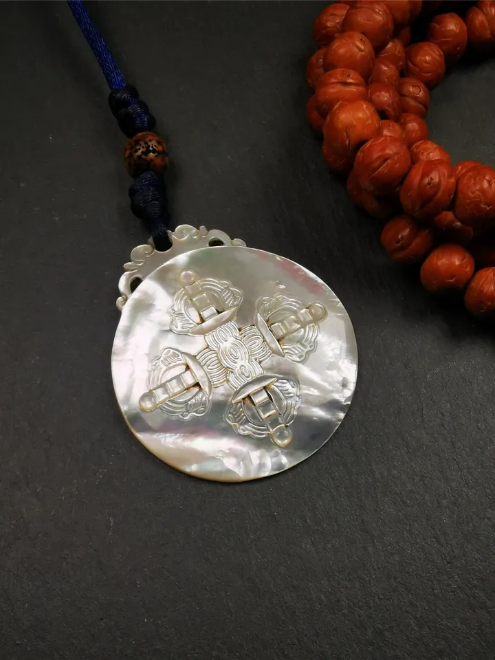 Antique Tibetan Buddhist Calendar Badge,Shell Carved Sipaho - Melong Mirror - Astrology Amulet Pendant - Protection & Feng Shui Decor