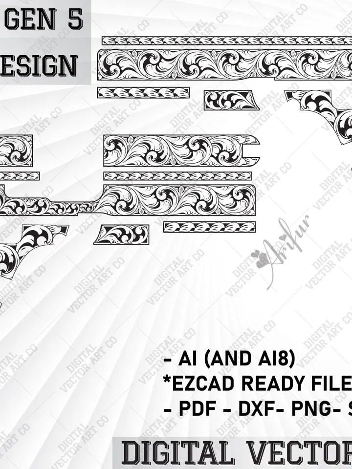 Glock 17 Gen 5 Scroll Design,laser engraving file,ezcad ready files,laser cut,fiber laser svg,armsdesign,engraving patterns svg.Stippling