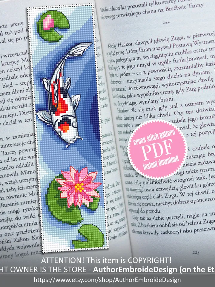 Bookmark cross stitch pattern download PDF Cute Handmade bookmark digital PDF Koi pond cross stitch Japanese koi fish Nature lover gift #B77