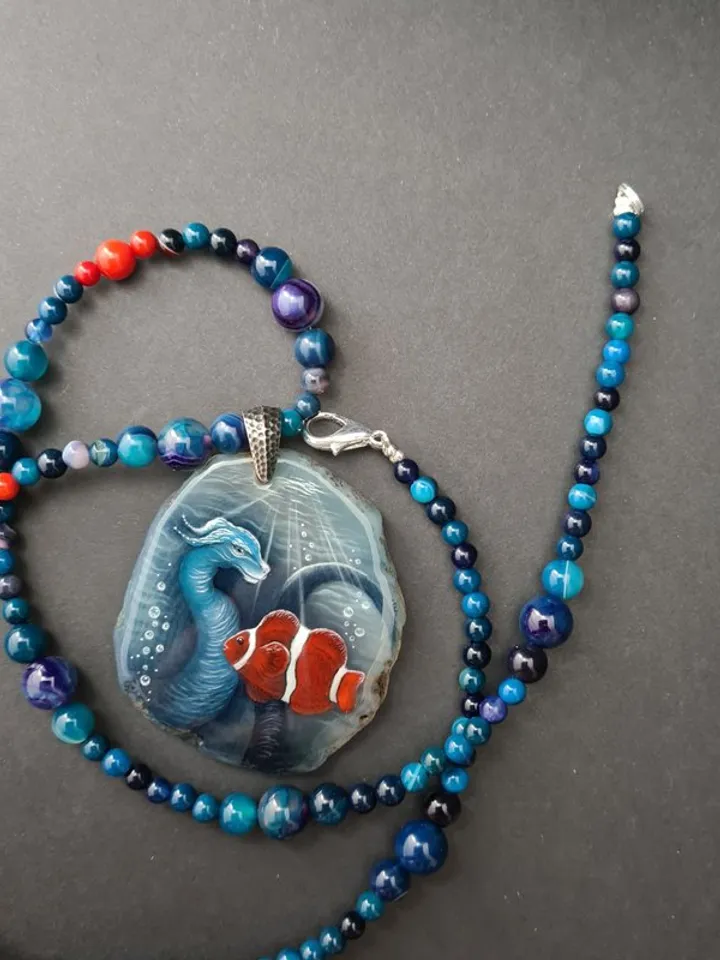 Dragon necklace Blue Dragon on Agate Stone charm Christmas Gift Wrapping