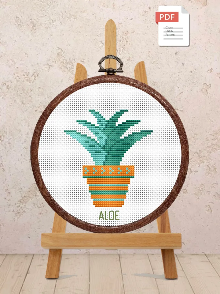 Aloe Cross Stitch Pattern, Flower Cross Stitch Pattern, Embroidery Aloe, Flowers xStitch, Potted Flowers Cross Stitch, Aloe Pattern #flw001