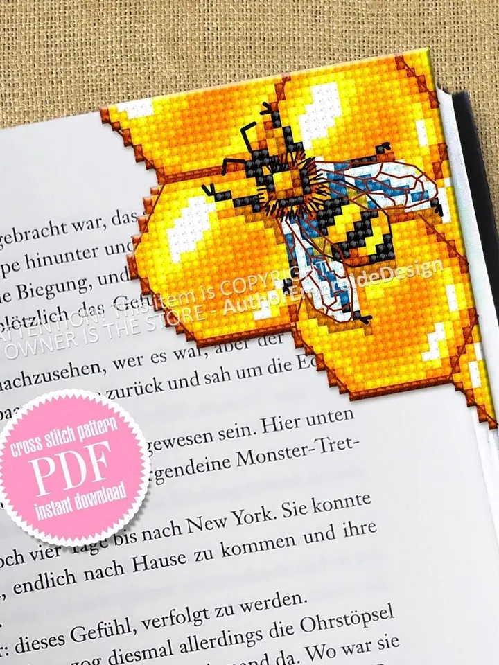 Honeycomb Corner bookmark cross stitch pattern PDF download Honey bee cross stitch chart, Bee bookmark pattern digital PDF, Bee gifts #B325