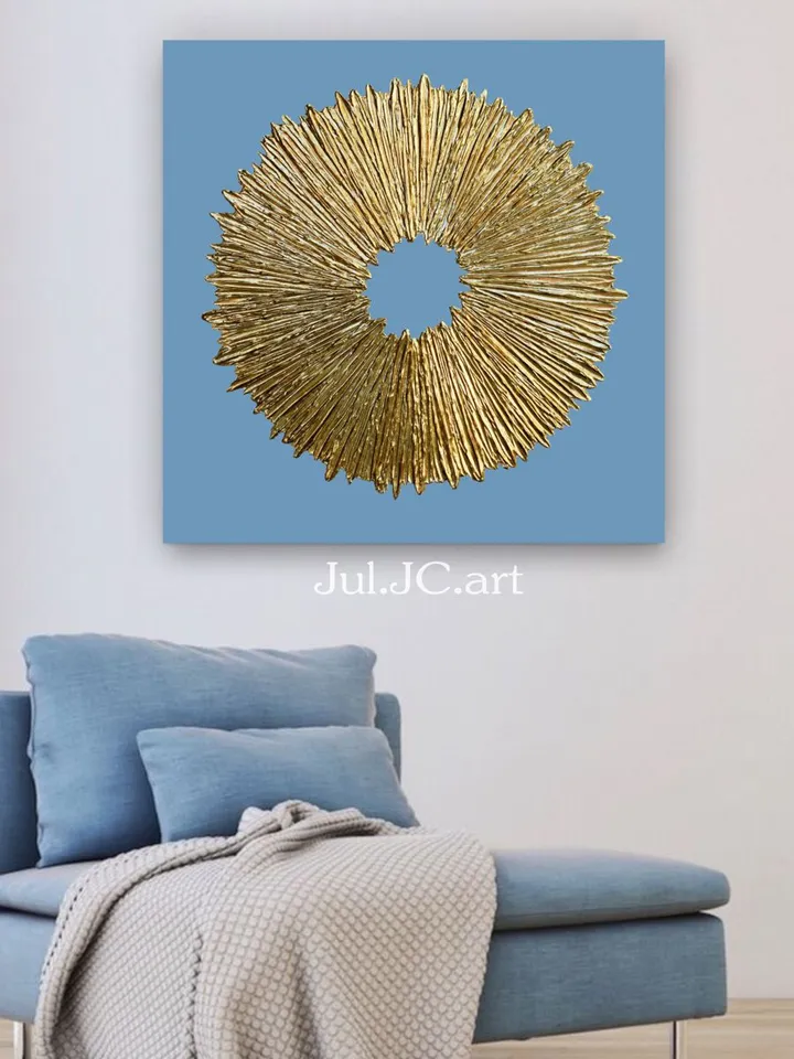 Gold and Blue Abstract Painting Textured artwork Sunburst Original Art Gold Sun painting on canvas | Above couch decor