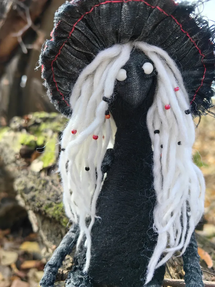 Mushroom art doll Fantasy creature Forest spirit doll Gothic figurine Shelf sitters Black witch goddess Weird art doll