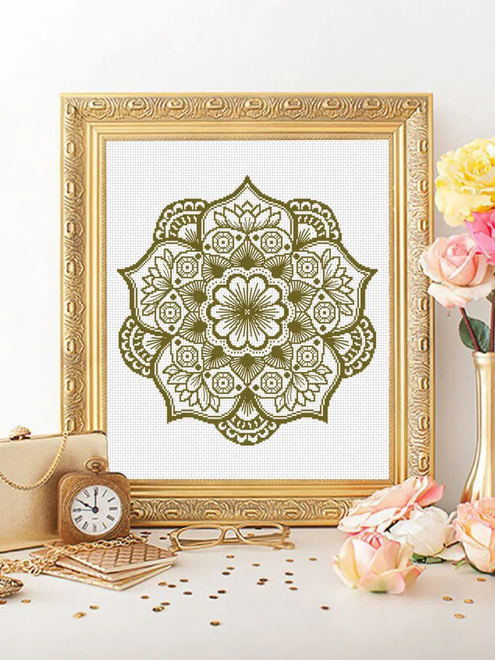 Lotus mandala cross stitch pattern download PDF, Monochrome mandala ornament, Lotus flower cross stitch chart, Mandala pattern PDF #M190