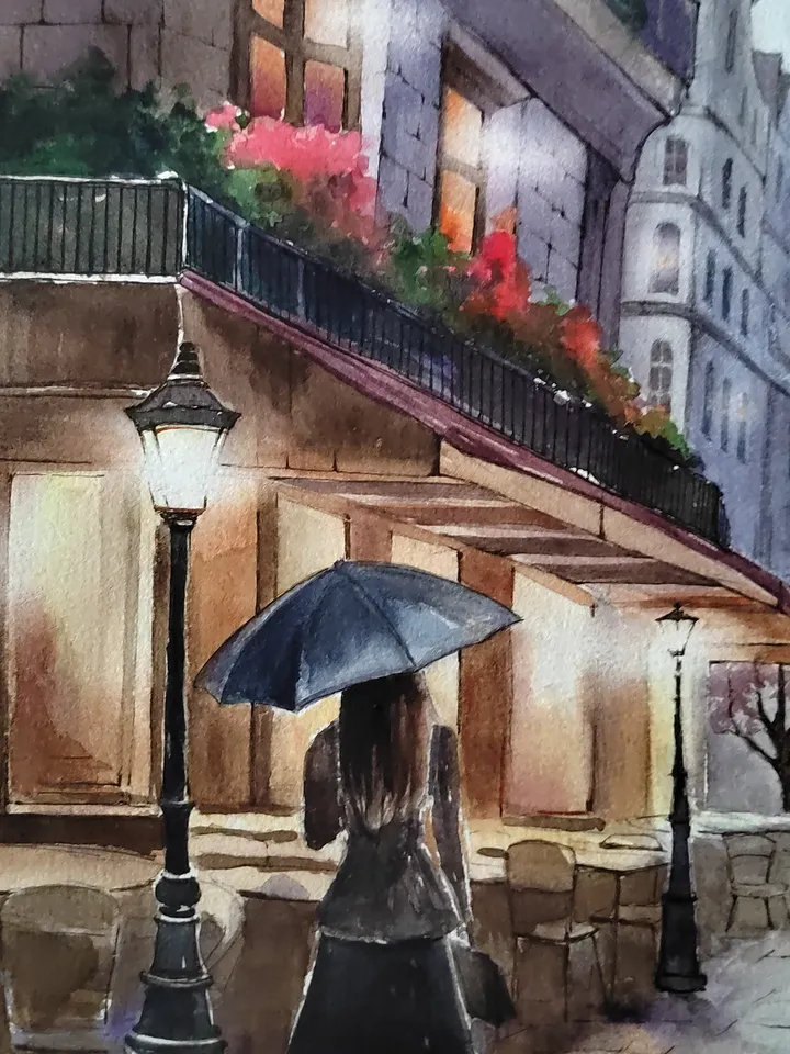 Old Paris Cafe Painting Girl Umbrella Art Cozy Cityscape Artwork Night Street Picture Original Watercolor Painting 11.8x15.7 in by SoftWaves