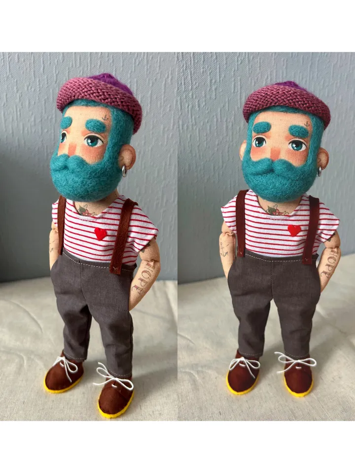 Textile doll sailor with turquoise hair