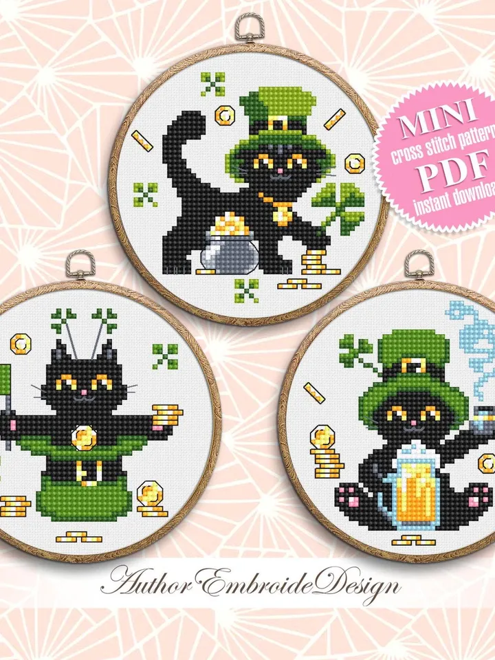 St Patrick day cat cross stitch pattern PDF download Cat holiday cards cross stitch chart, Black cat pattern digital PDF Cat lover gift #T40