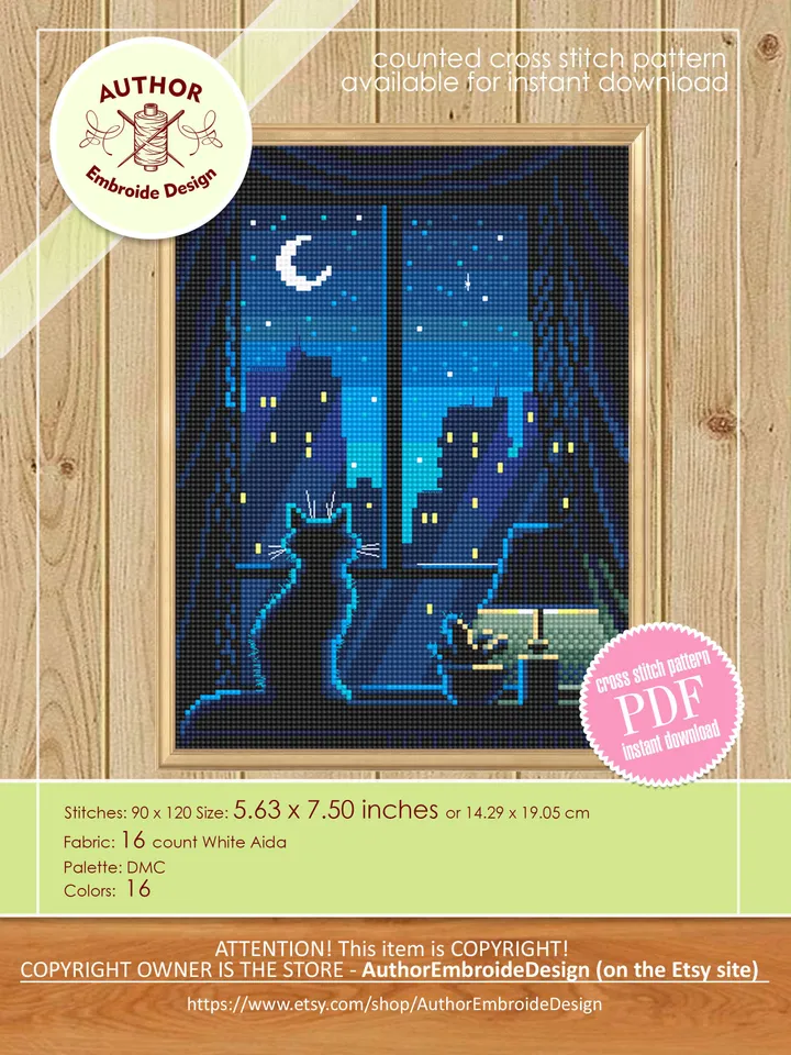 Silhouette cat cross stitch pattern PDF download Cute kitten cross stitch chart, Window with night cityscape pattern, Moon cross stitch #K14