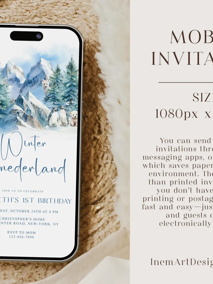 Winter Onederland 1st Birthday Invitation, Snow Woodland 1st Birthday Invite, Winter Onederland, Printable 1st Birthday Invitation - i131