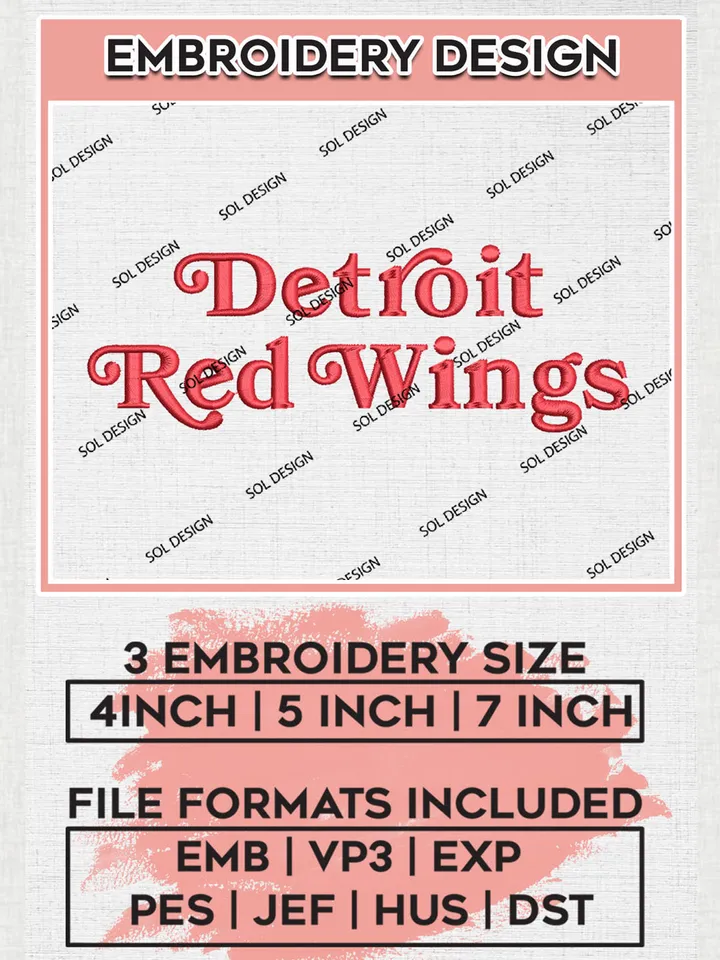 NHL Detroit Red Wings Hockey Team Wordmark Logo Embroidery Design, NHL Detroit Red Wings Logo Embroidery Files, Hockey Team Machine Embroidery, Machine Embroidery Design