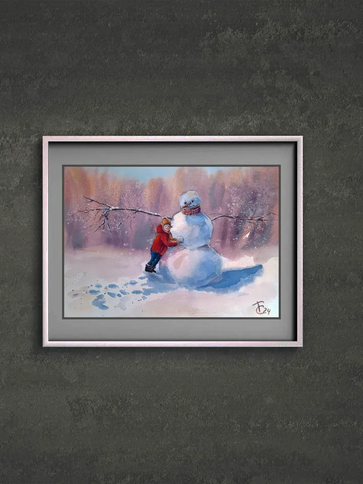 Watercolor painting. My friend the snowman. The Winter Fun series 21x30cm (8.3х11,7inches)