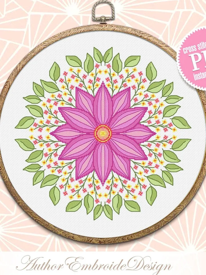 Floral mandala cross stitch pattern PDF download Simple mandala ornament hand embroidery PDF, Spring flowers cross stitch chart #M199