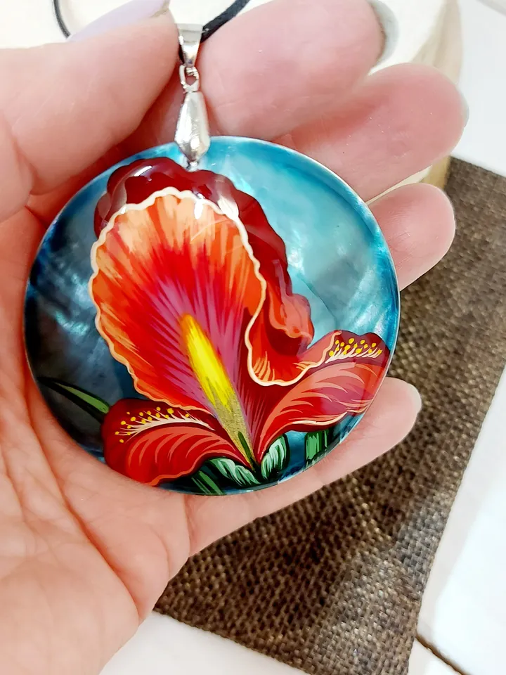 Iris. Flowers of spring. Fans of irises. Hand-painted pendant. Mother-of-pearl. A floral gift. Hand painted miniature painting. Miniature