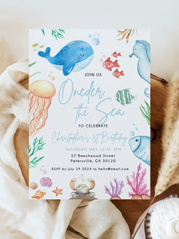 Oneder the Sea Birthday Invitation Under the Sea Editable Canva Template, 1st Birthday Invite Ocean Animals Invitation, Kids Birthday Invite