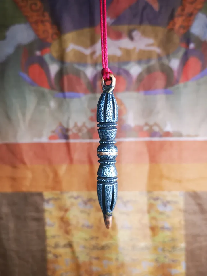 Gandhanra Vintage Tibetan Buddhist Amulet,Nine-pronged Dorje Vajra Pendant,Made of Cold Iron,inlaid Copper Wire,3.5"