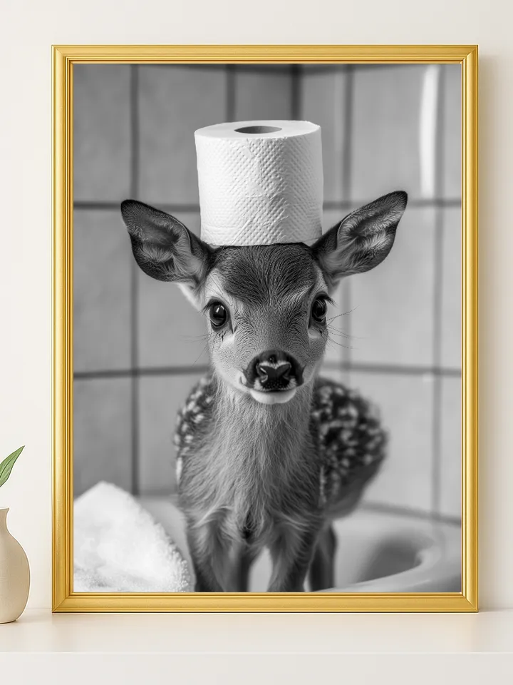 Funny Deer Bathroom Wall Art, Cute Fawn with Toilet Paper Hat Print, Adorable Animal Humor Decor, Digital Download